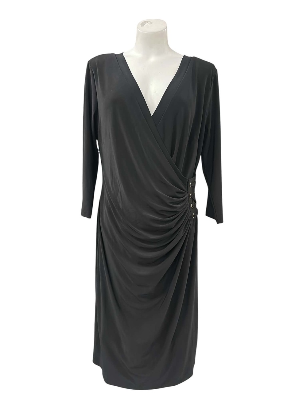 cleo Black Ruched Wrap-Style Long Sleeve Dress Size L